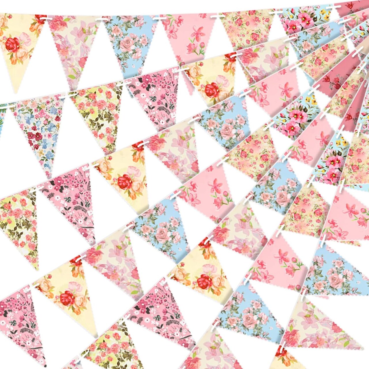 5PCS Retro Bright Floral Paper Garland – Chic Wildflower Triangle Banner for Wedding, Birthday, Tea Party, Festival & Home/Outdoor Decorations